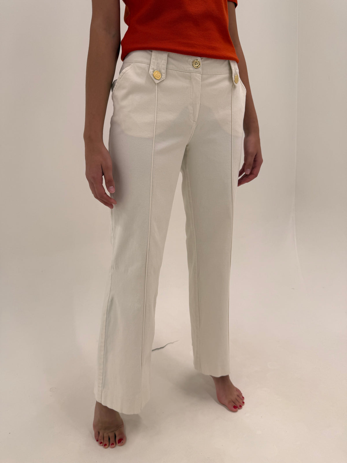 Pantaloni vintage Valentino din bumbac gros în croi evazat cu nasturi aurii