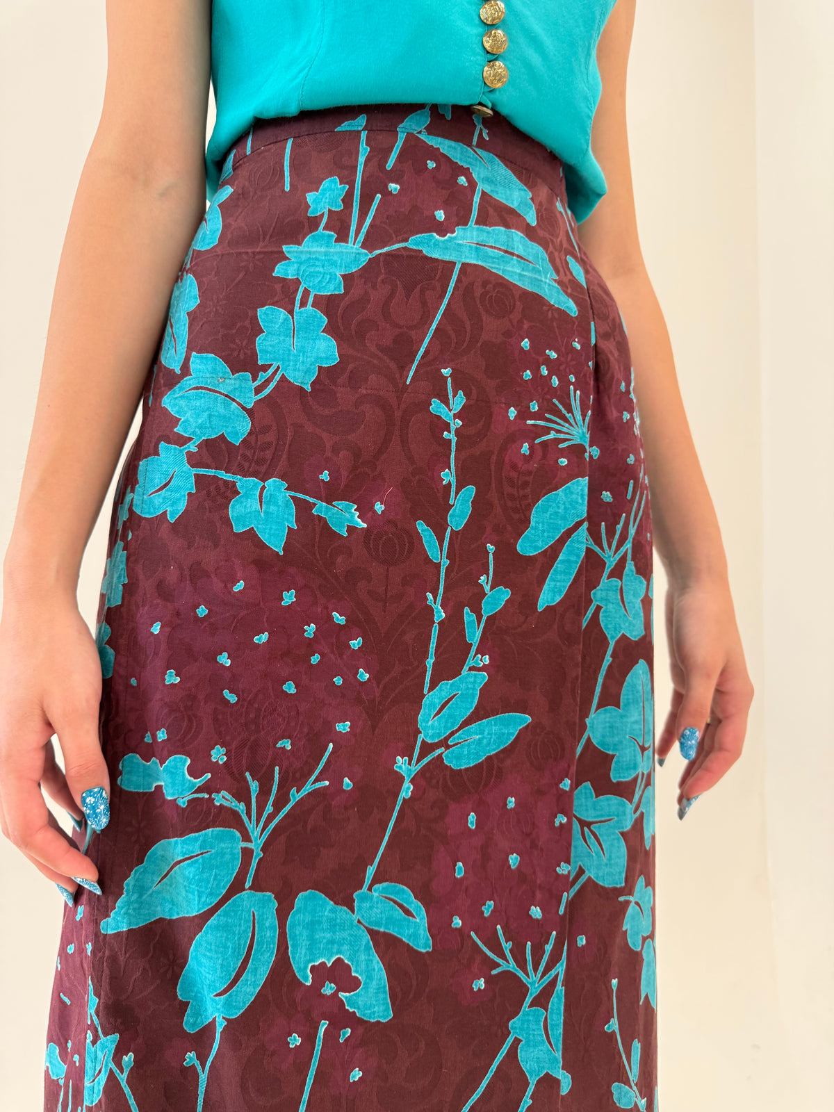 Fustă maxi tall petrecuta din canvas de bumbac plum orange cu print aqua