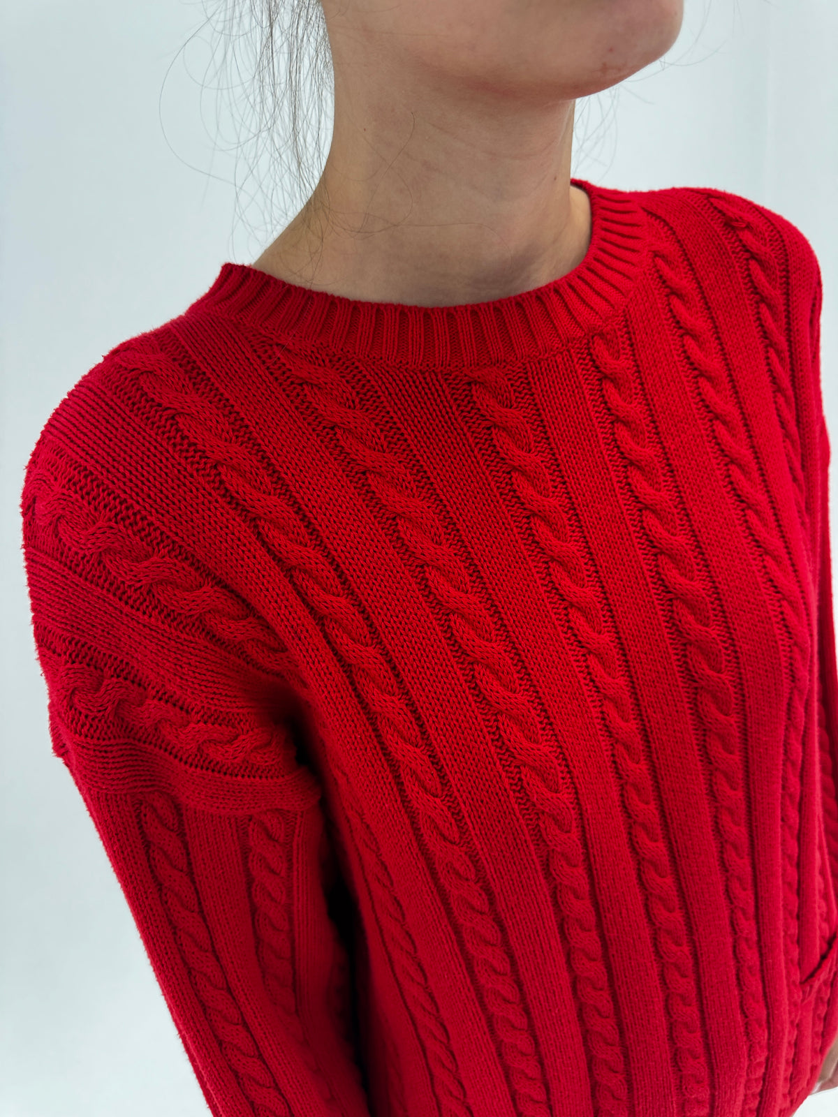 Pulover dark cherry red din bumbac gros de gramaj mare cu torsade