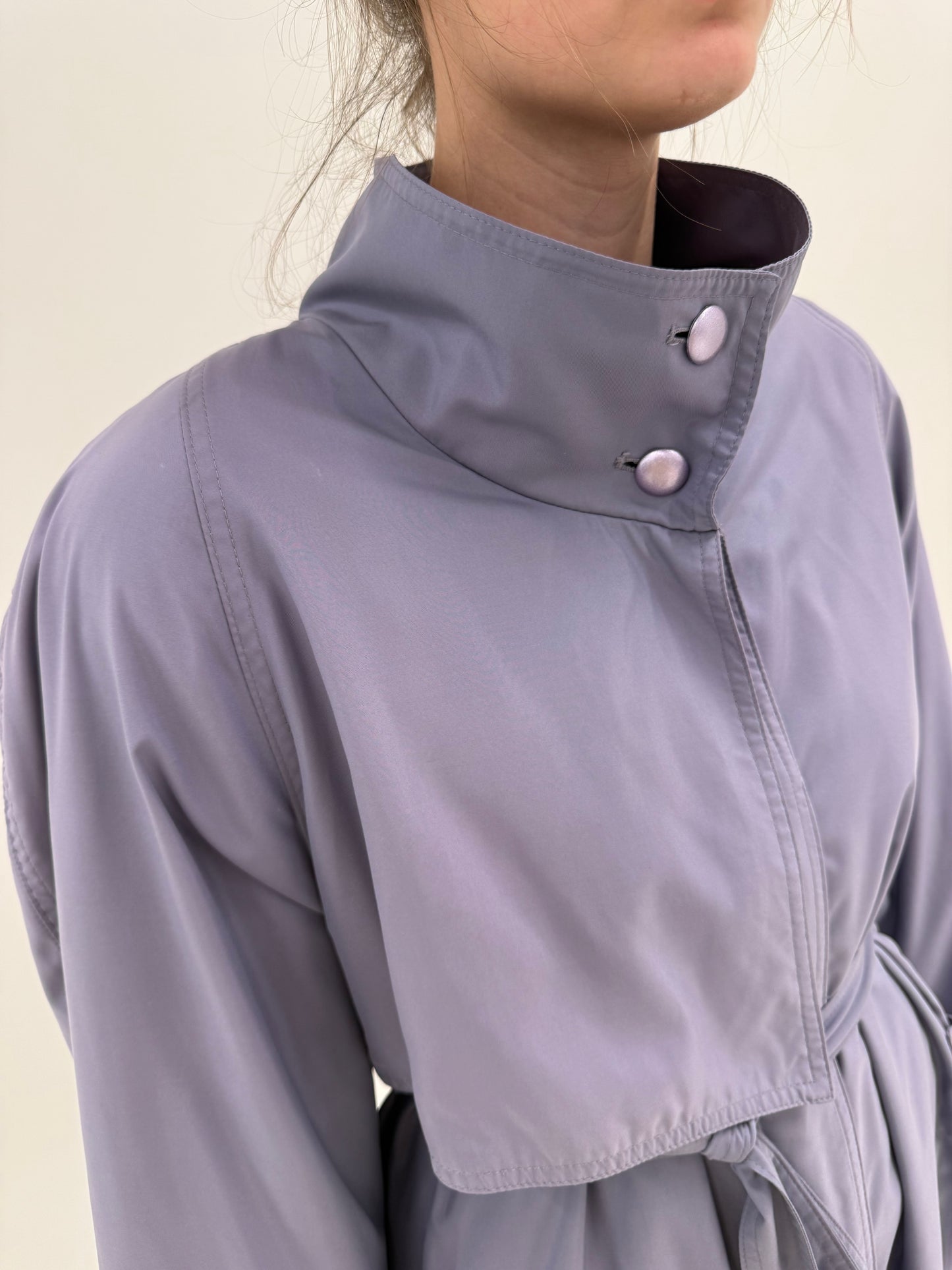 Trench vintage dusty lavender în croi super lung cu talie ultra înaltă reglabilă