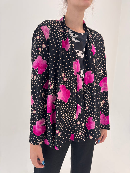 Blazer negru cu print ciclam din mătase naturală în croi amplu