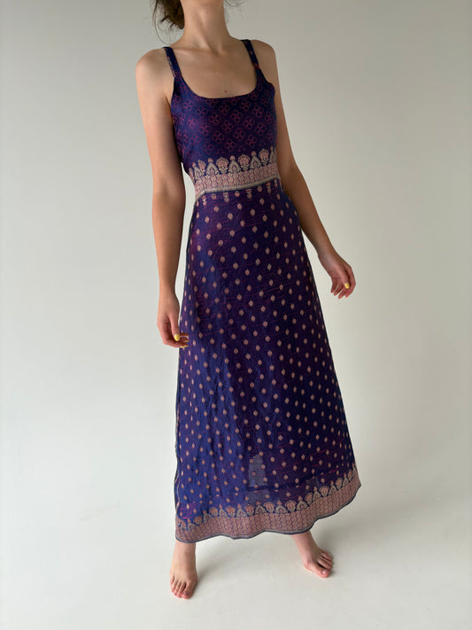 Rochie vintage maxi din jacquard moale de mătase naturală