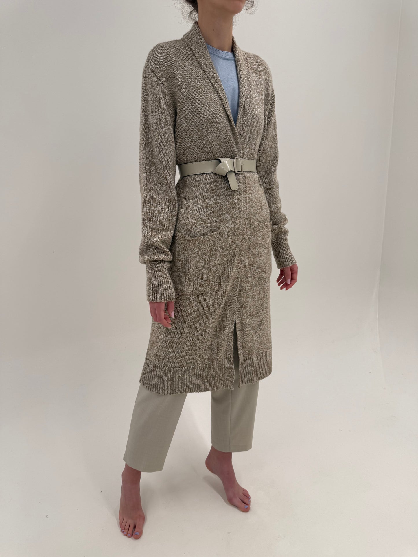 Cardigan lung Camel melanj cu ivoire din lana extrafina cu buzunare