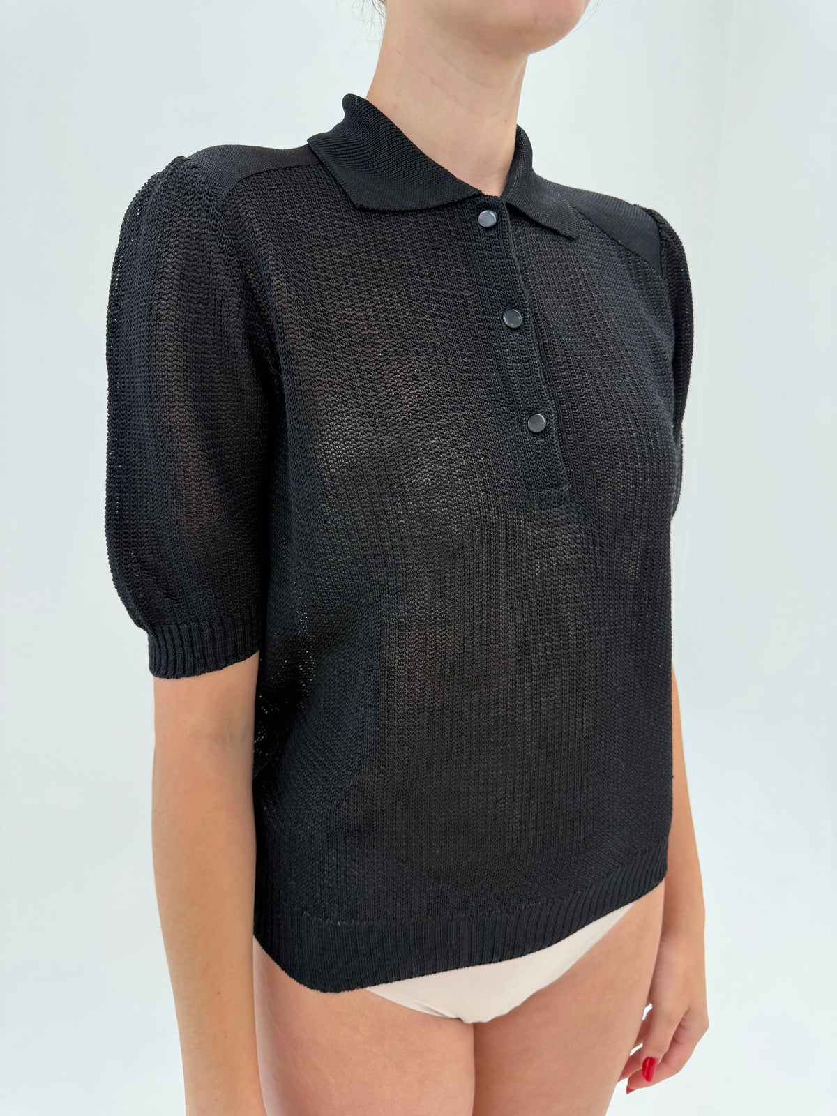 Tricou polo italian vintage negru cu mânecuțe ușor bufante din jerse premium