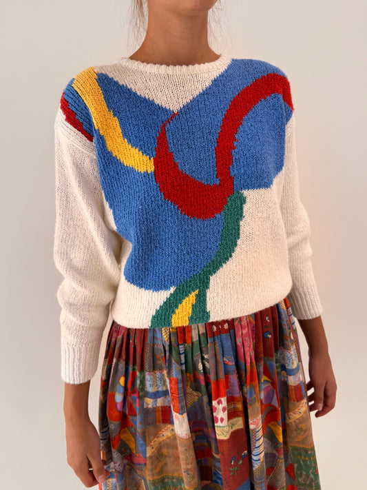 Pulover de designer vintage din tricot de in și bumbac de gramaj mare în culori tari