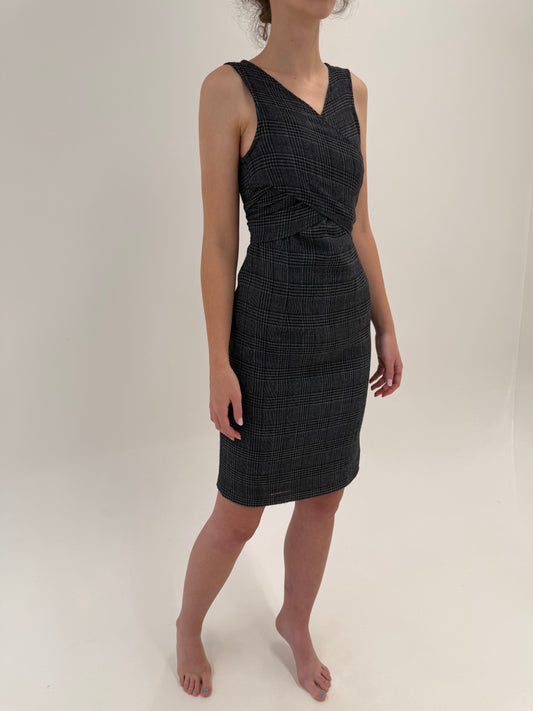 Rochie business in carouri fine din lana extrafina cu talie ultra marcată reglabilă