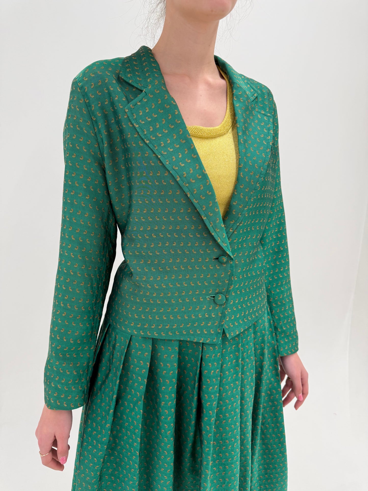 Set vintage de designer din mătase naturală verde smarald sacou + fustă