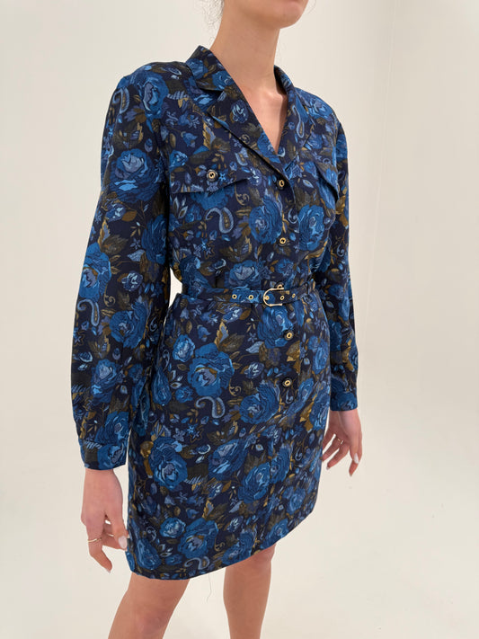 Rochie vintage cu talie marcată reglabilă cu print paisley în nuanțe de albastru