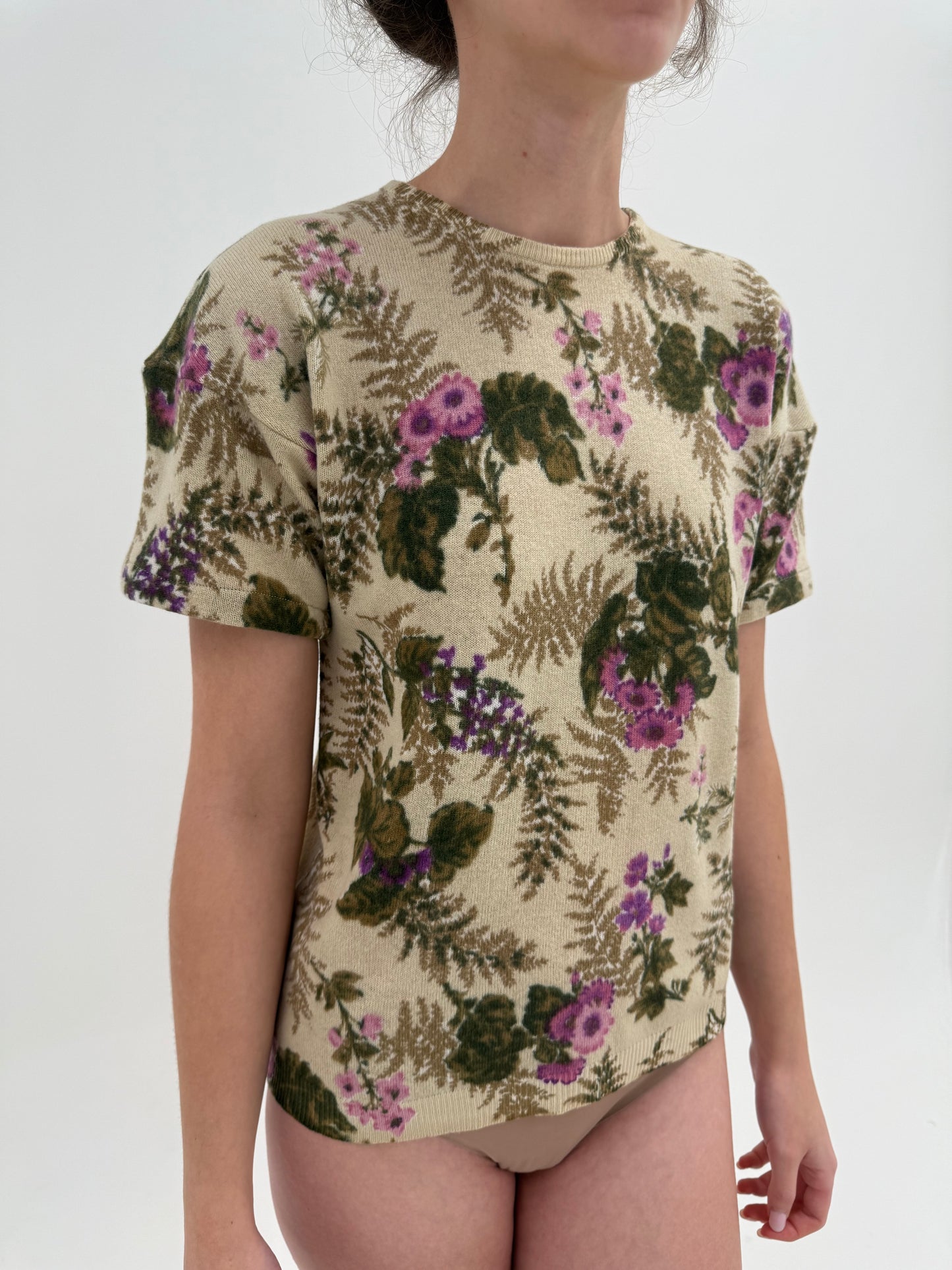 Top nude cu print superb organic din lana extrafina în croi lejer