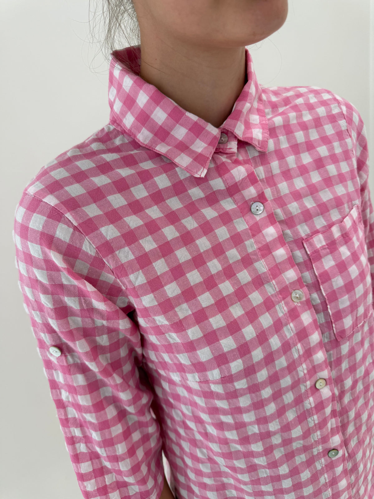 Cămașa gingham barbie Pink din pânză de bumbac cu maneci ușor reglabile