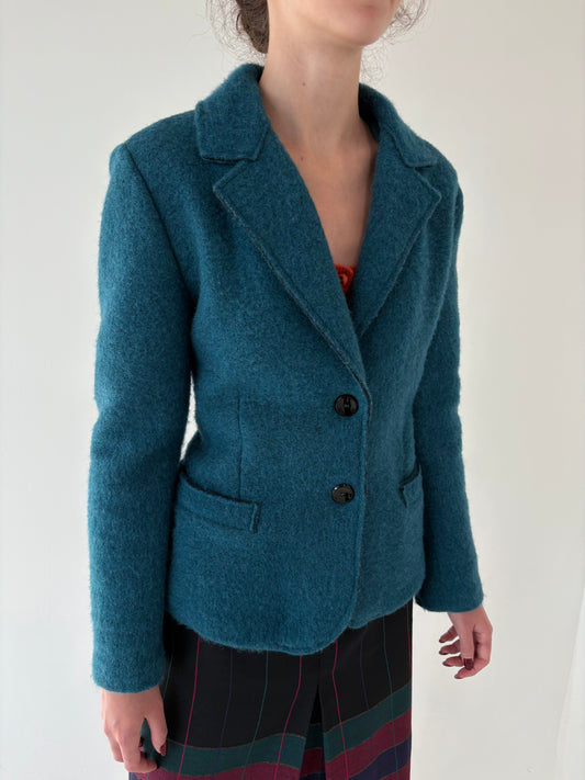 Sacou dark turquoise confort din boiled wool în croi ușor cambrat