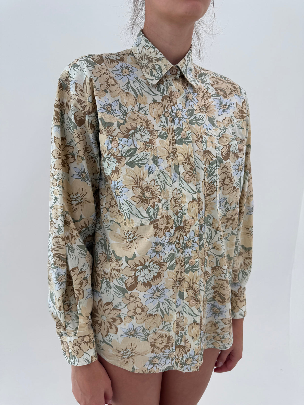 Cămașa cu print camel și baby blue din bumbac și  croi boxy
