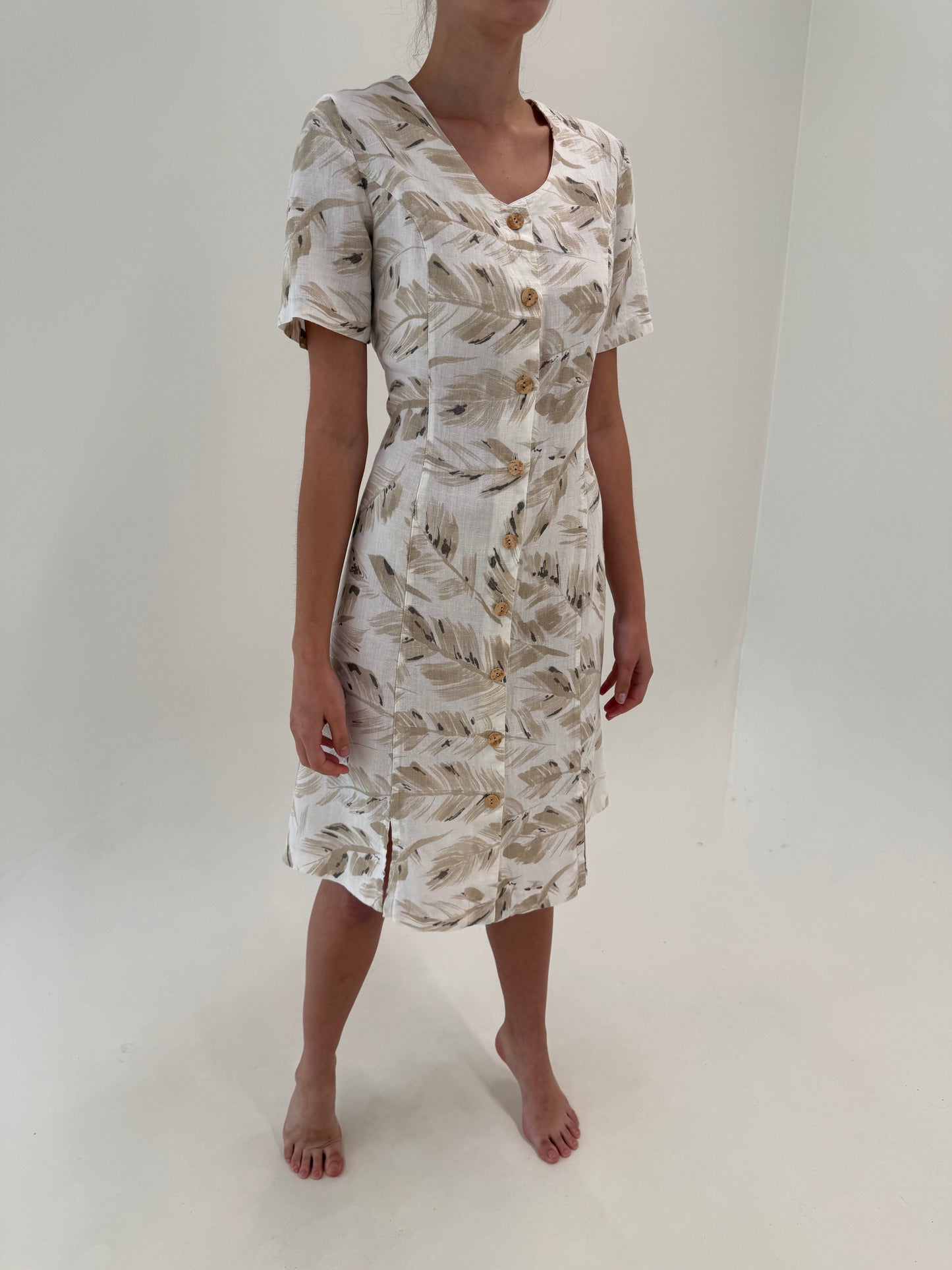 Rochie italiană din in premium cu print delicat în nuanțe neutre și talie marcată