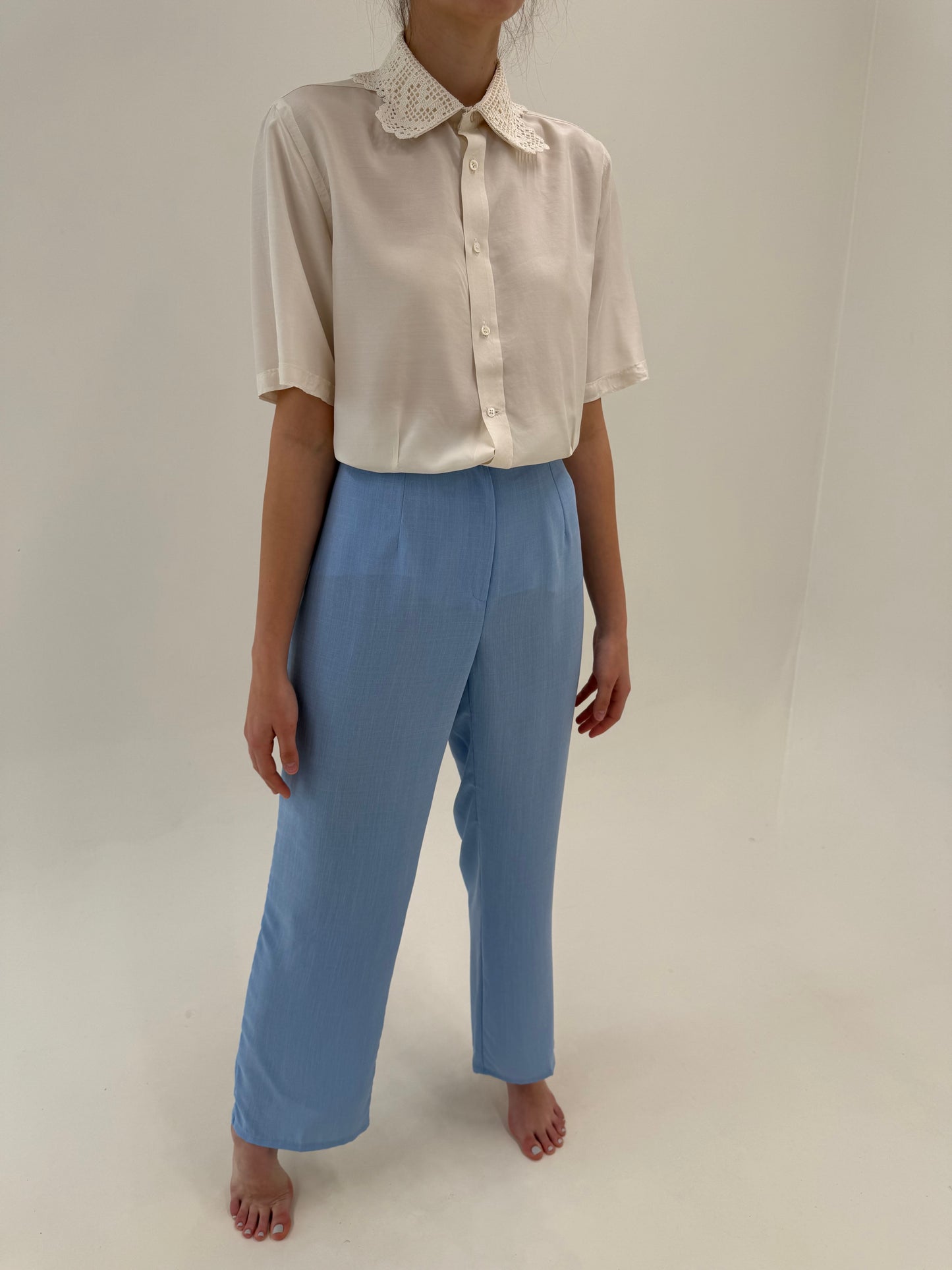 Pantaloni tall in croi drept baby blue din pânză de in și vascoza