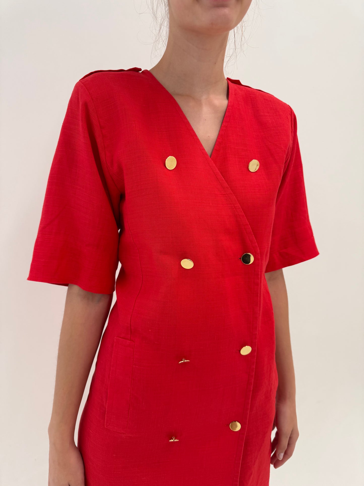 Rochie vintage Yves Saint Laurent din pânză structurată de in cu nasturi metalici aurii