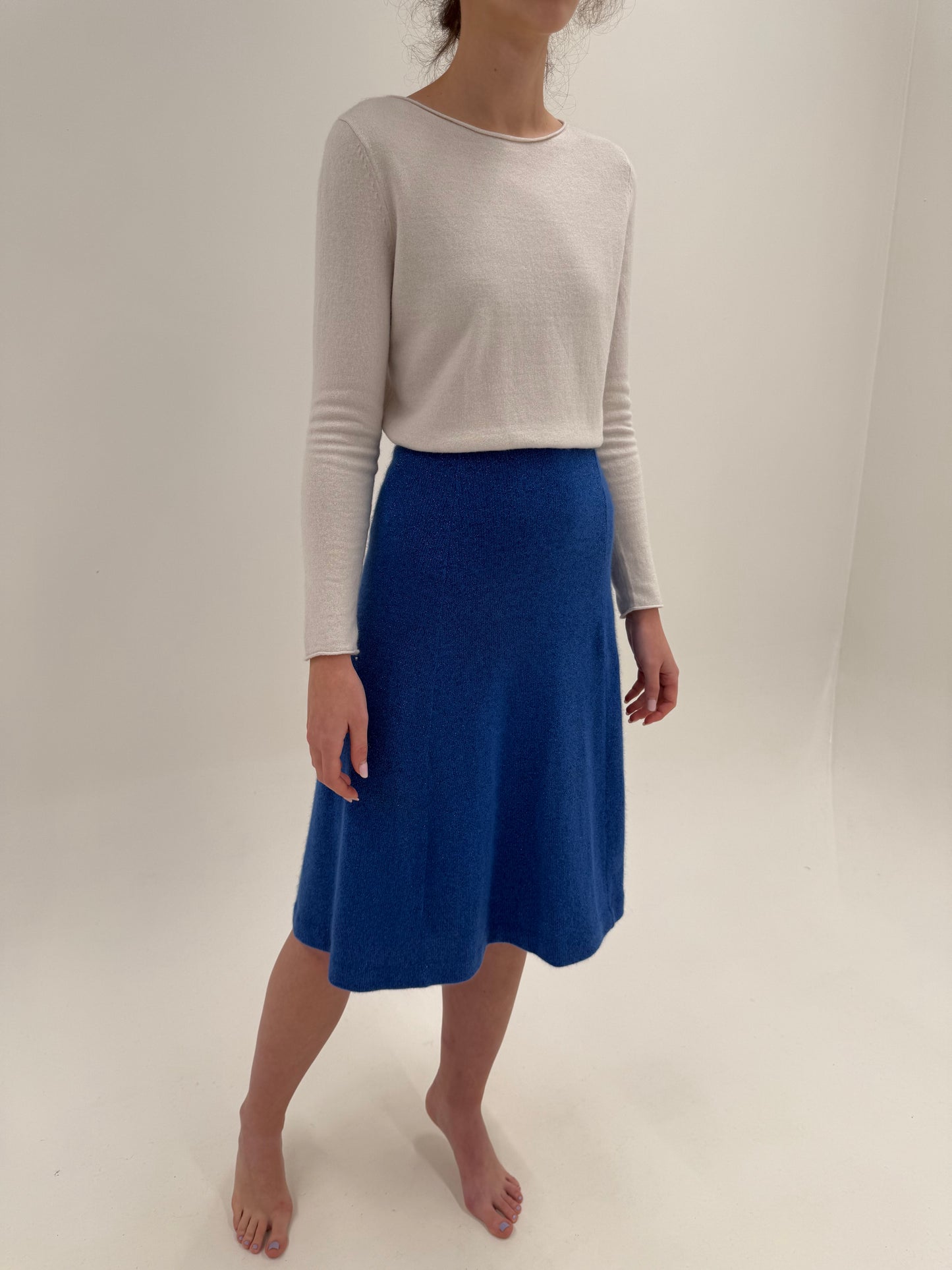 Fustă midi din tricot prețios de lana extrafina multiply și lurex delicat