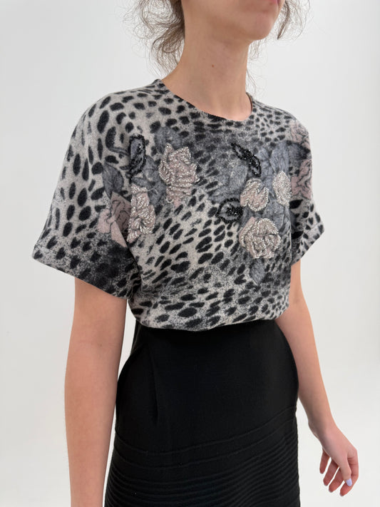 Top vintage animal print cu aplicații manuale delicate superbe din lana extrafina