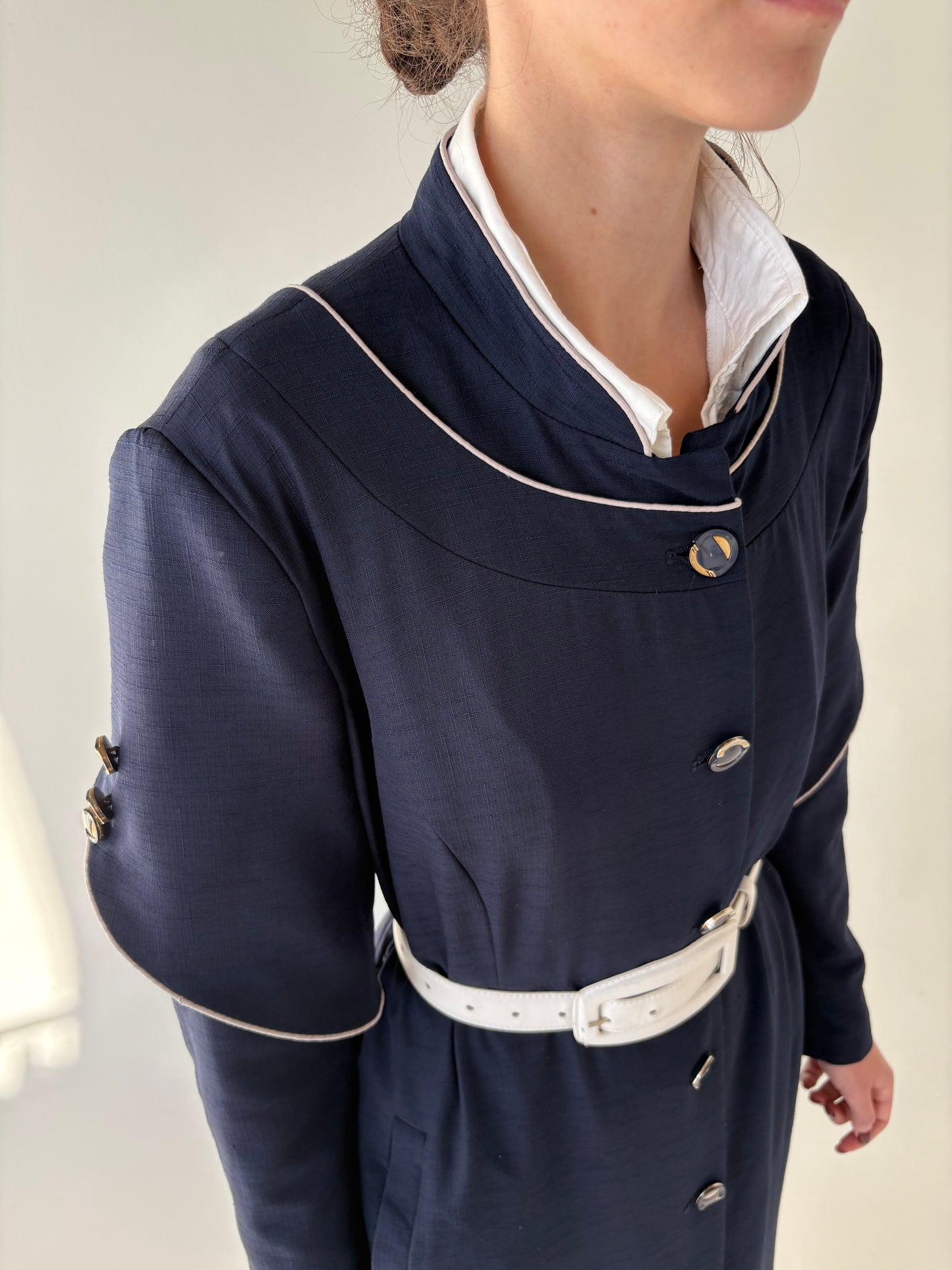 Rochie / Pardesiu Navy maxi cu buzunare și inserții contrastante