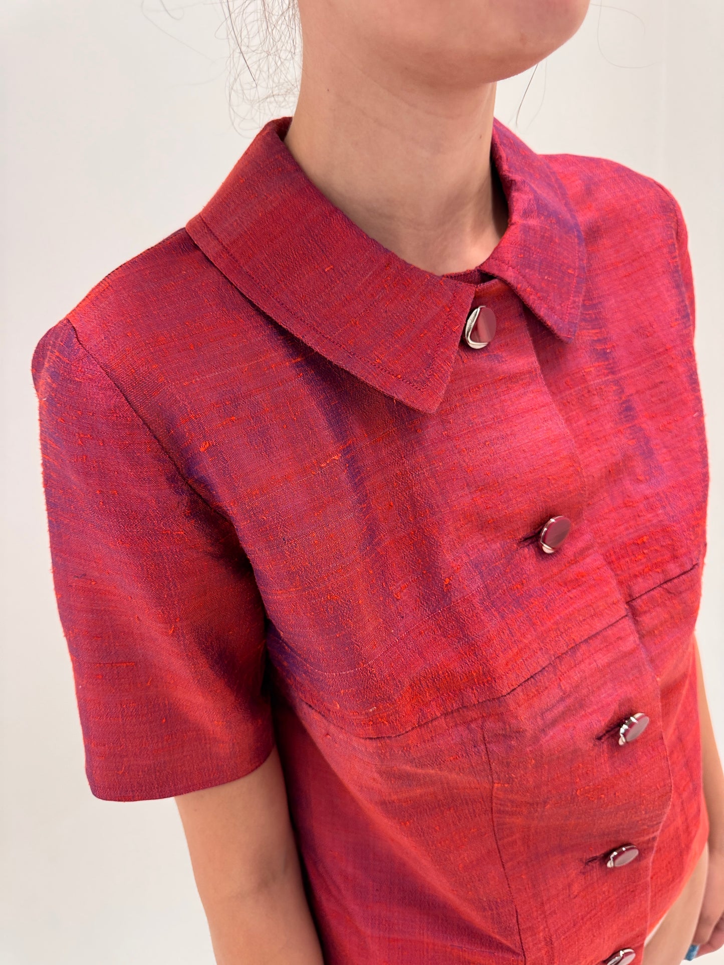 Sacou vintage din mătase naturală dupioni dusty magenta cu irizații