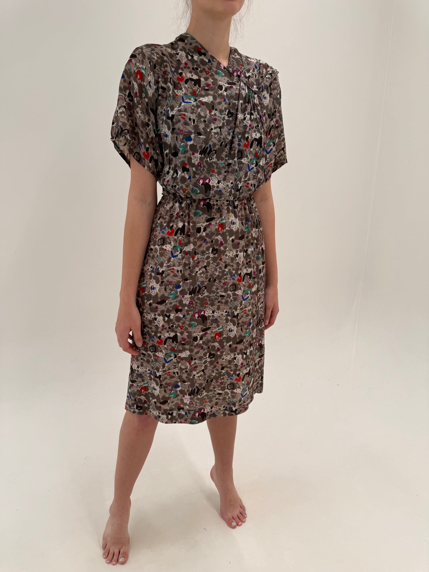 Rochie italiană clasică din crepe de mătase naturală cu talie ultra înaltă elastică