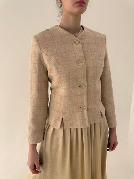 Sacou light camel vintage cambrat în carouri fine salmon Pink și croi minimalist