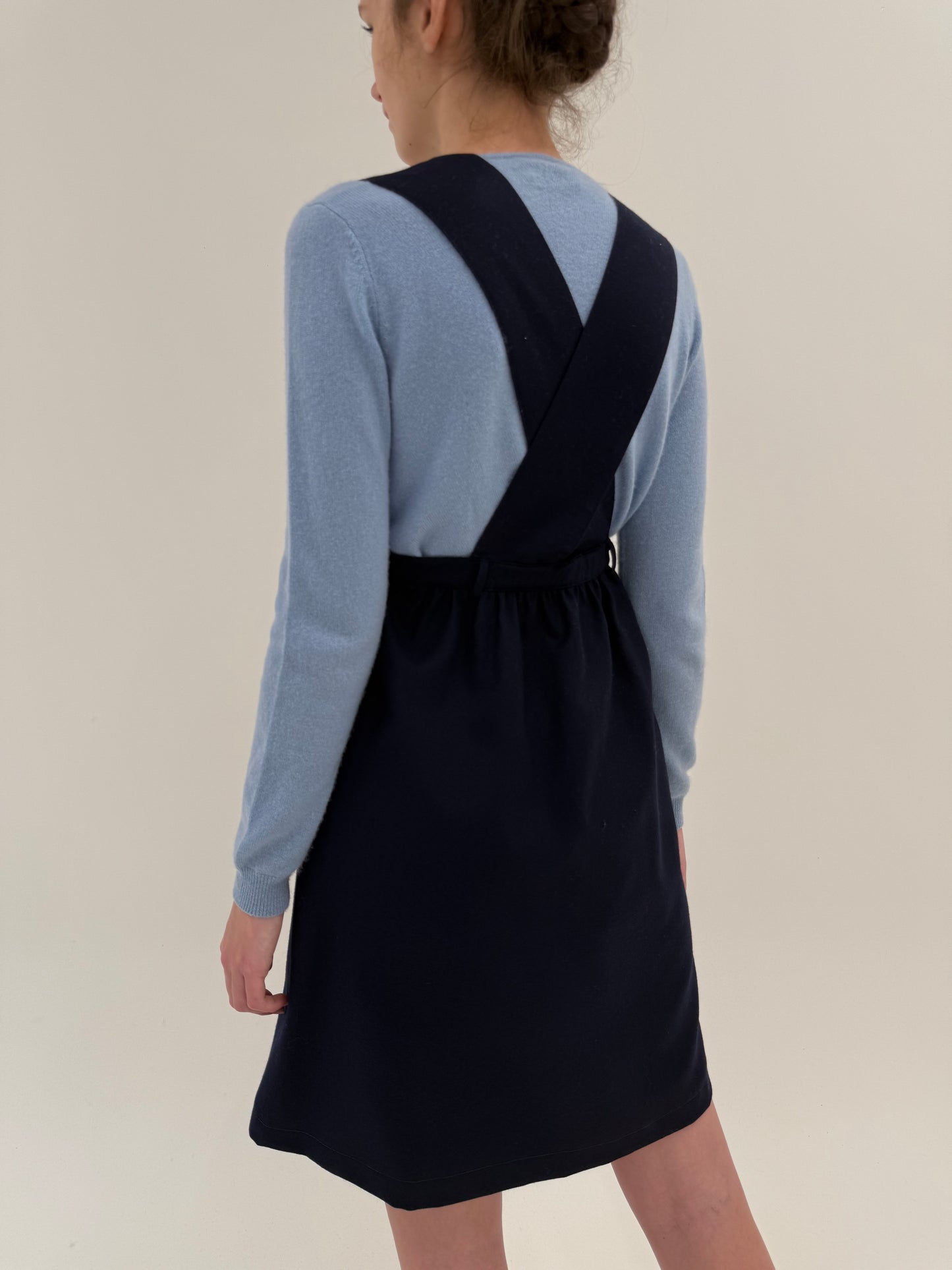 Sarafan vintage din lana extafina navy cu fustă super amplă și talie ultra înaltă