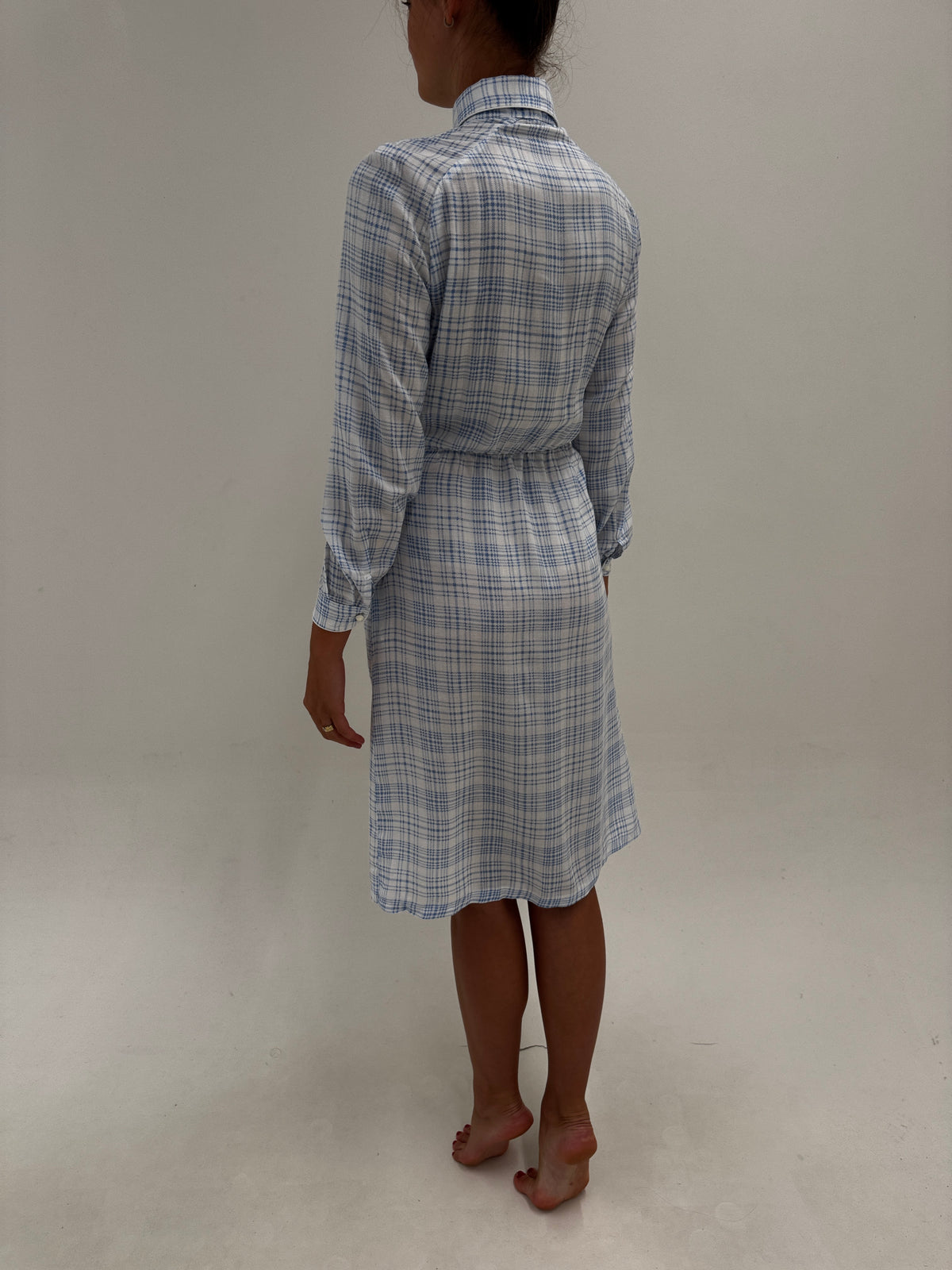 Rochie vintage în carouri baby blue cu buzunare și talie ultra înaltă elastică