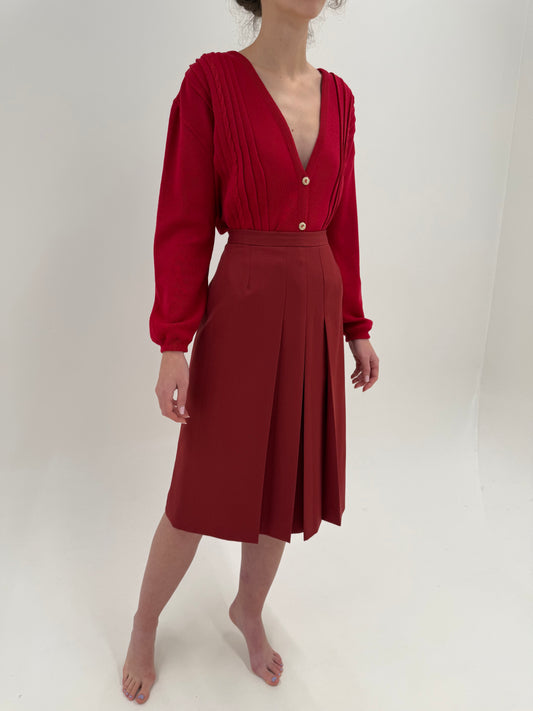 Fustă vintage plisată dark red cu talie ultra înaltă