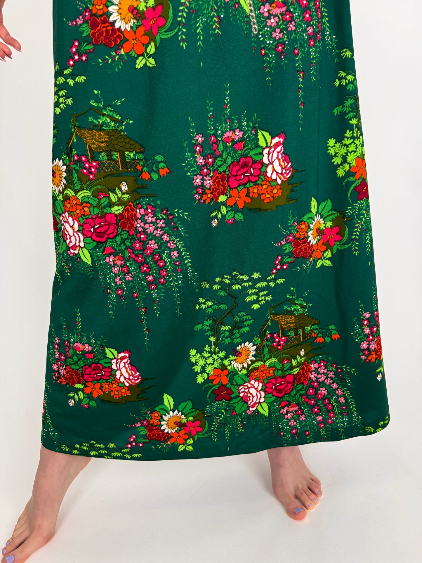 Rochie vintage maxi forest green în croi de ani 70  și culori tari