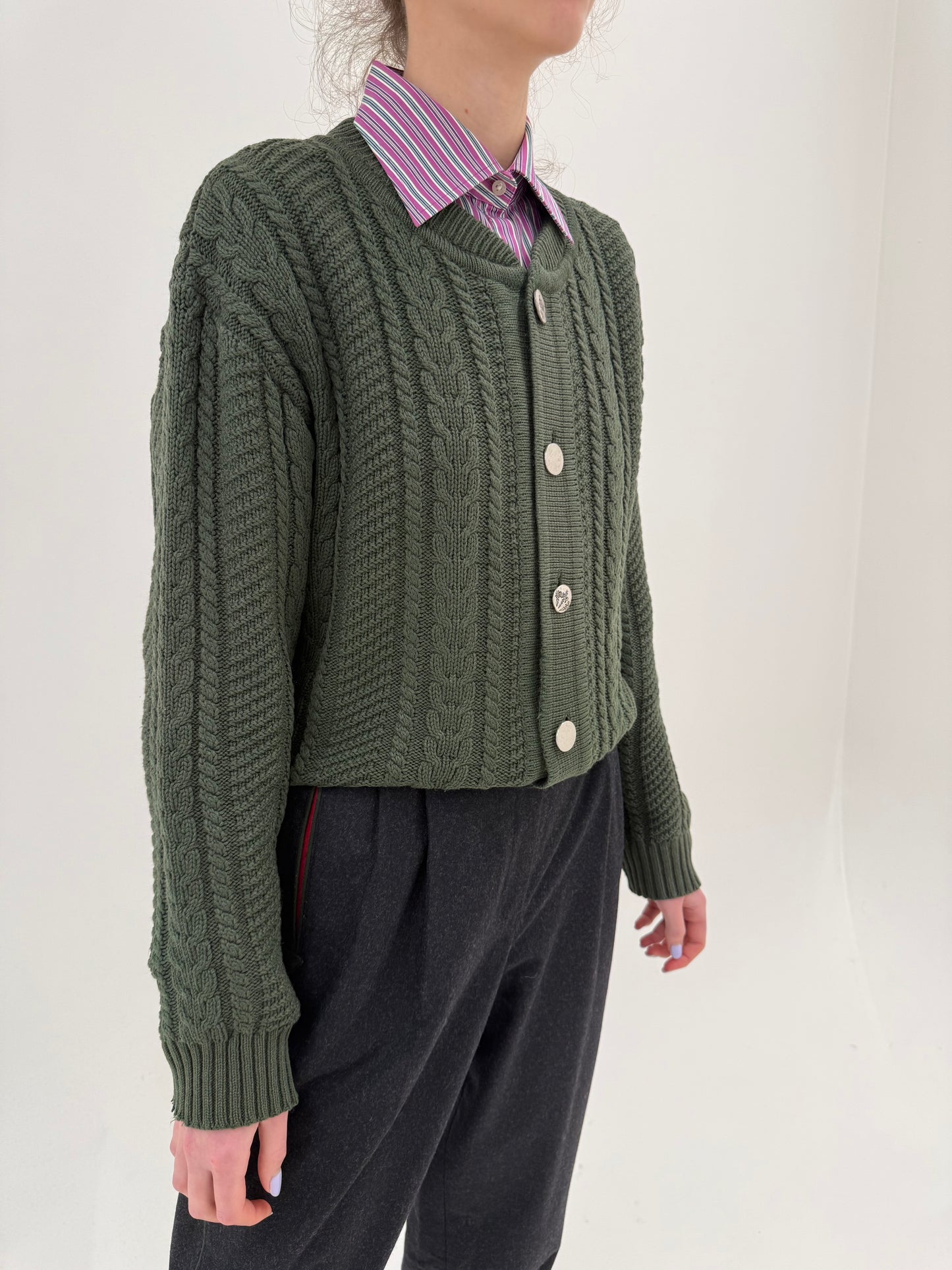 Cardigan vintage gros cu torsade și nasturi metalici argintii din lana extrafina