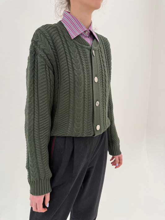 Cardigan vintage gros cu torsade și nasturi metalici argintii din lana extrafina