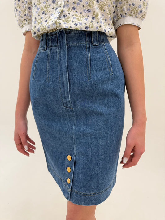 Fustă vintage creion din jeans cu feronerie aurie și inserție aurie la talie