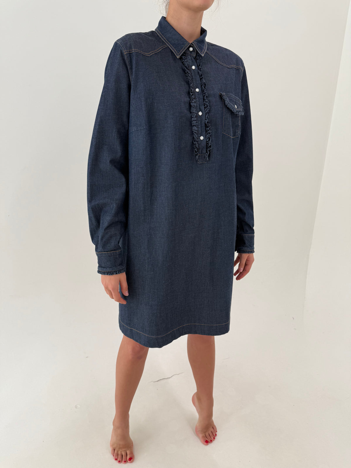 Rochie din jeans Marina Rinaldi ultra confort de bumbac raw wash cu mini jabou