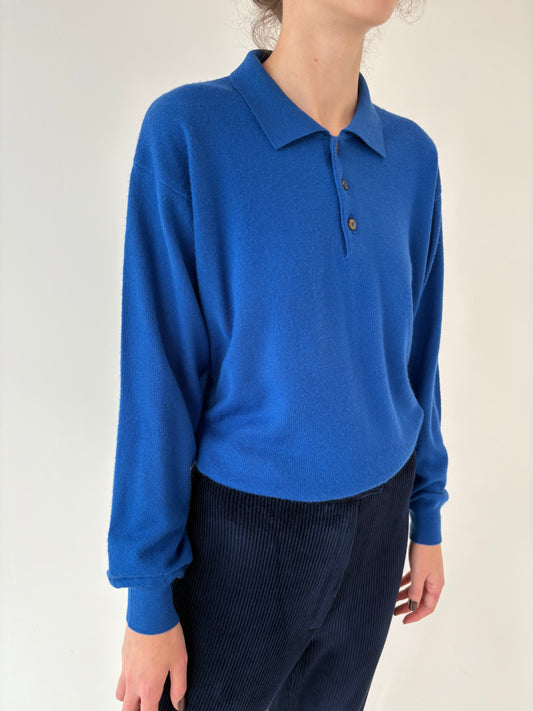 Pulover vintage polo italian albastru regal din lana merino extrafina