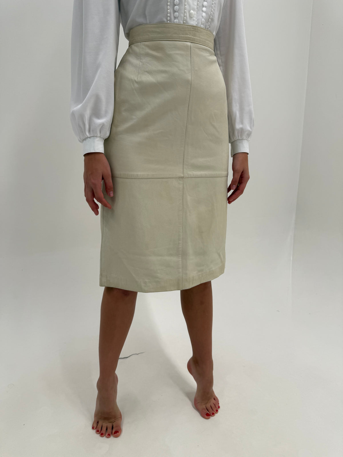 Fustă creion din piele naturală extrem de moale off white midi cu talie ultra înaltă
