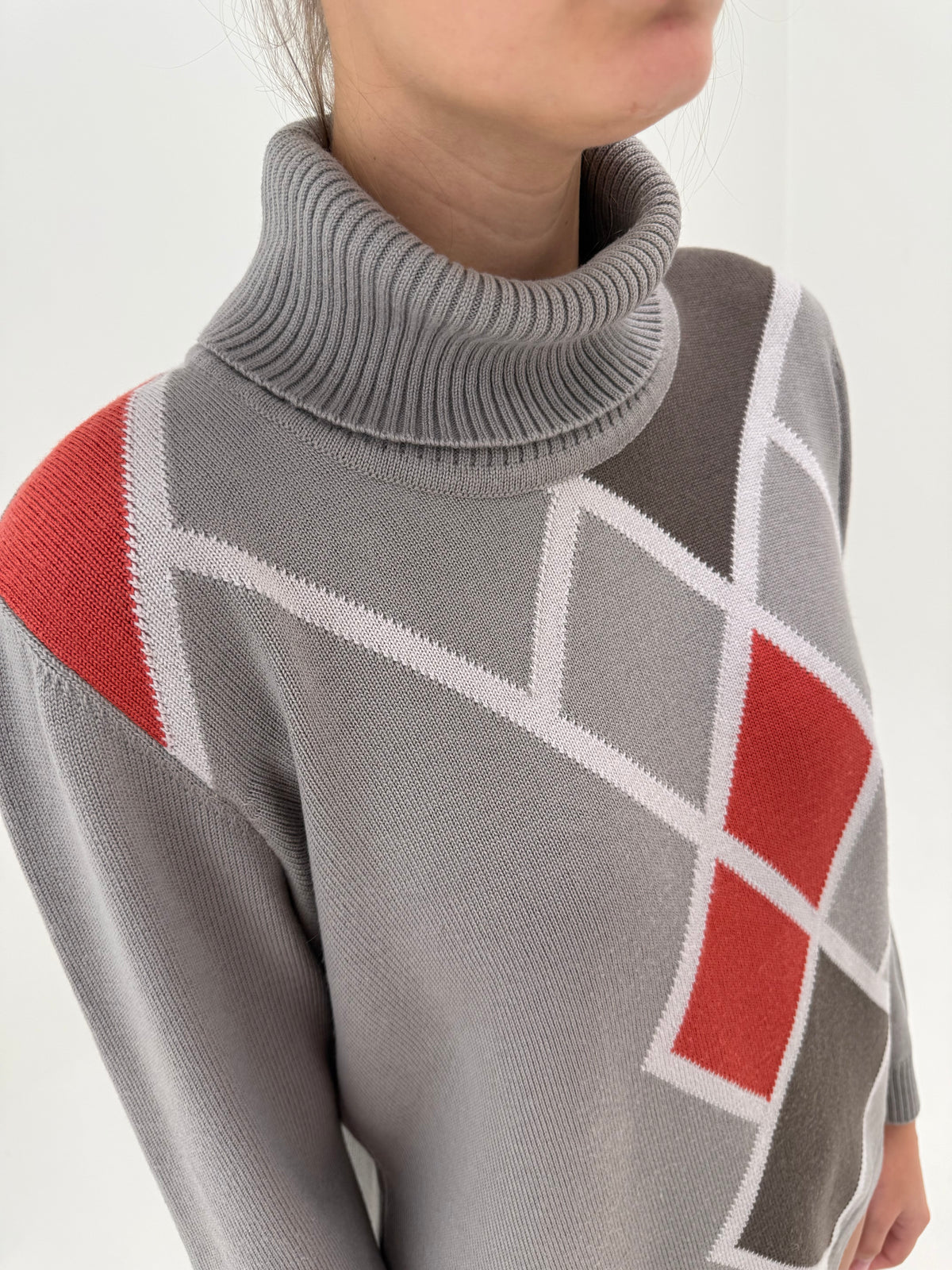 Maleta warm gray din lana merino extrafina cu print romburi