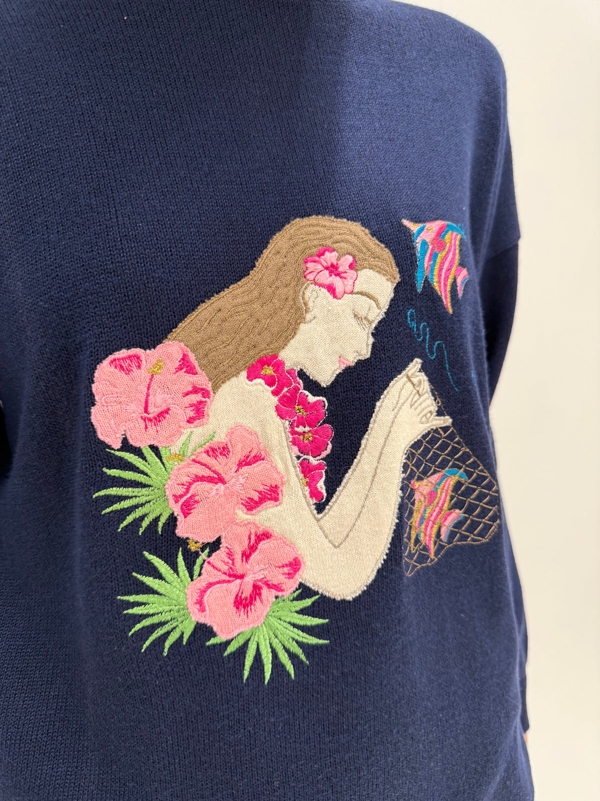 Pulover vintage petite din bumbac greu excepțional cu broderie