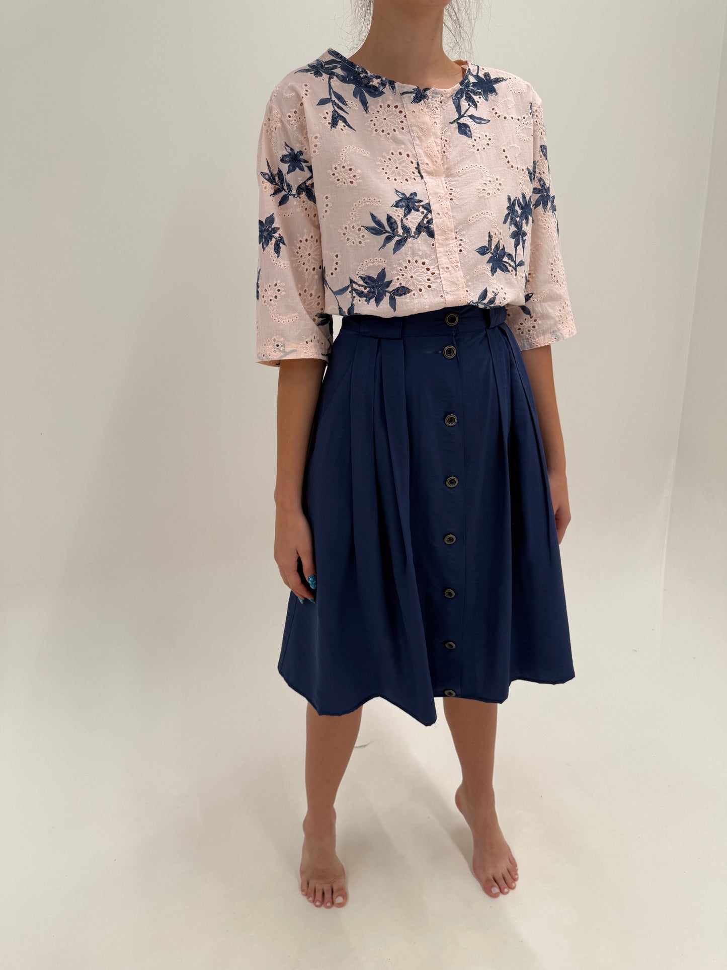 Fustă din canvas moale Navy blue cu talie ultra înaltă și buzunare în croi amplu