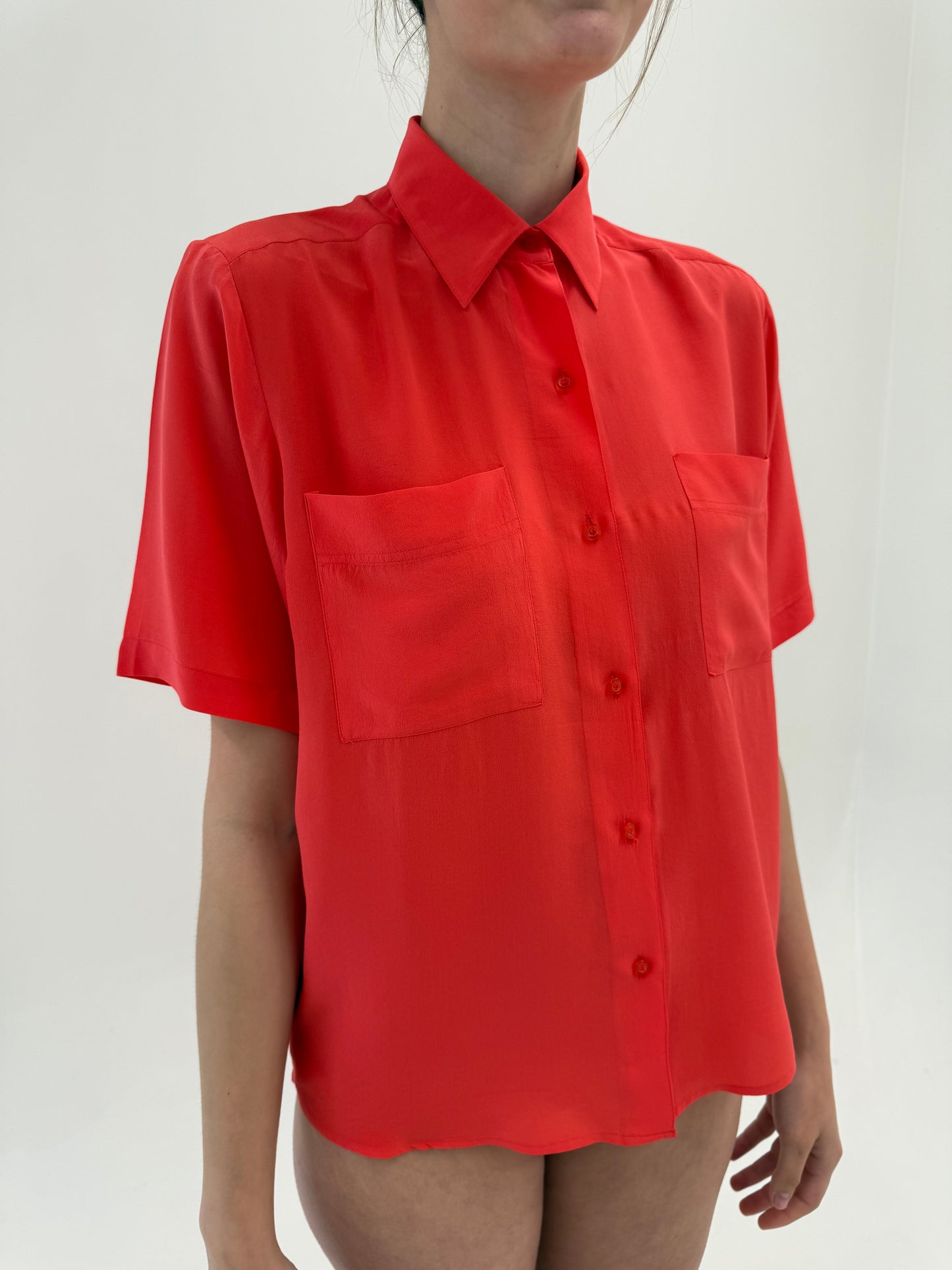 Cămașa italiana electric coral red din mătase naturală