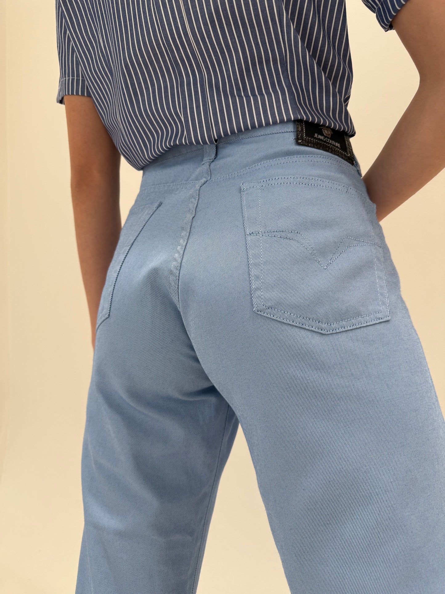 Jeans Versace vintage baby Blue de vară cu talie ultra înaltă mom fit (solduri generoase)