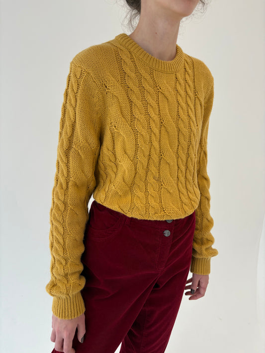 Pulover italian mustard yellow gros cu torsade din lana extrafina