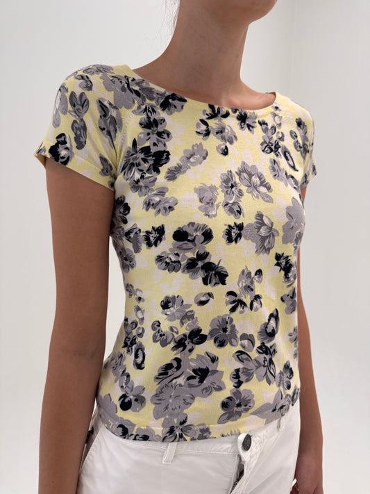Top Max Mara butter yellow cu print superb din jerse excepțional de bumbac