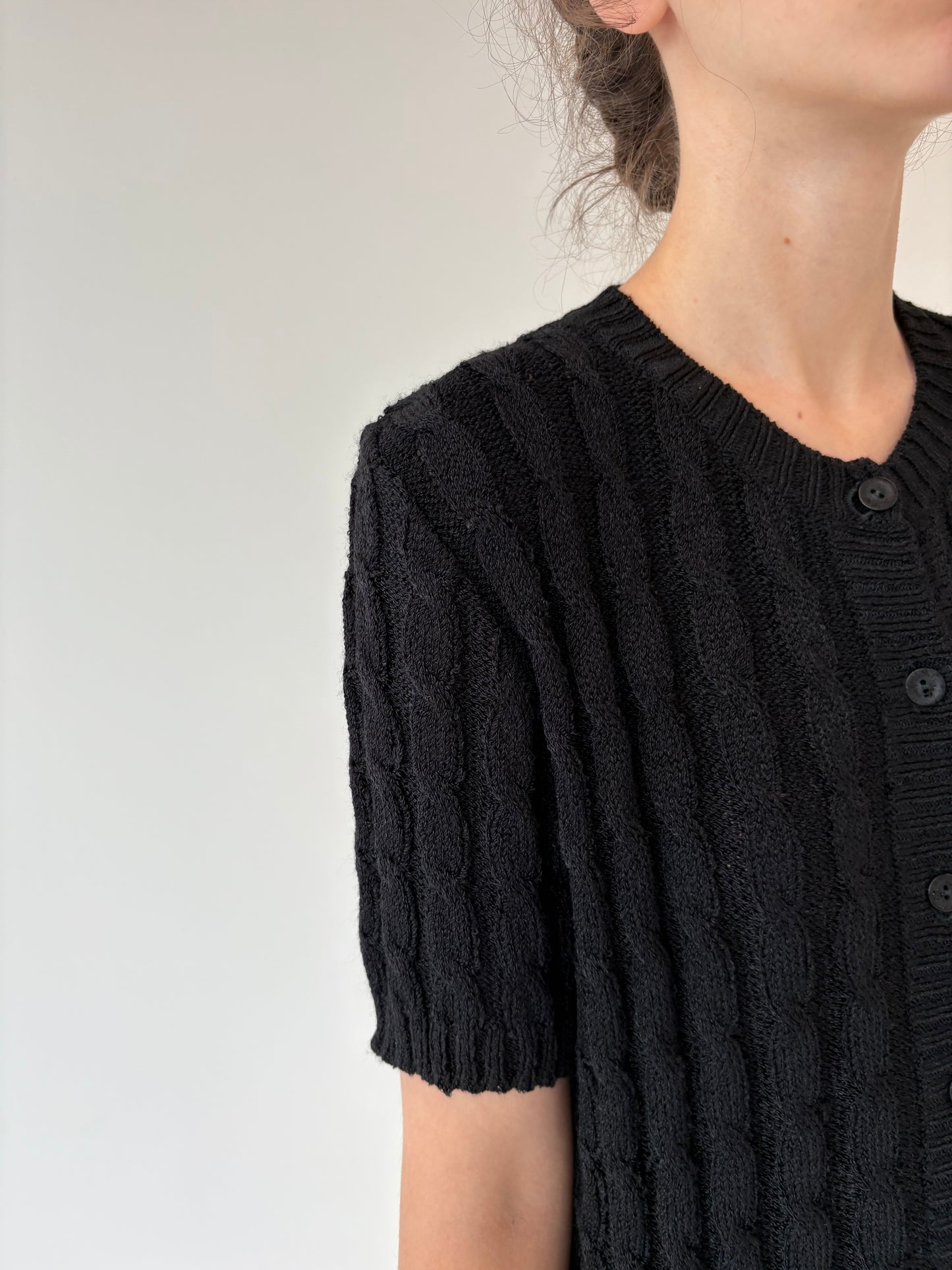 Top vintage negru italian din jerse de vară cu torsade