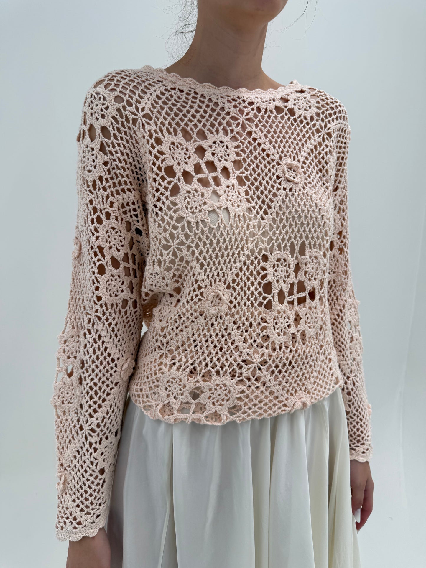 Soft knit de vară din macrame lucrat manual powder Pink de in și bumbac