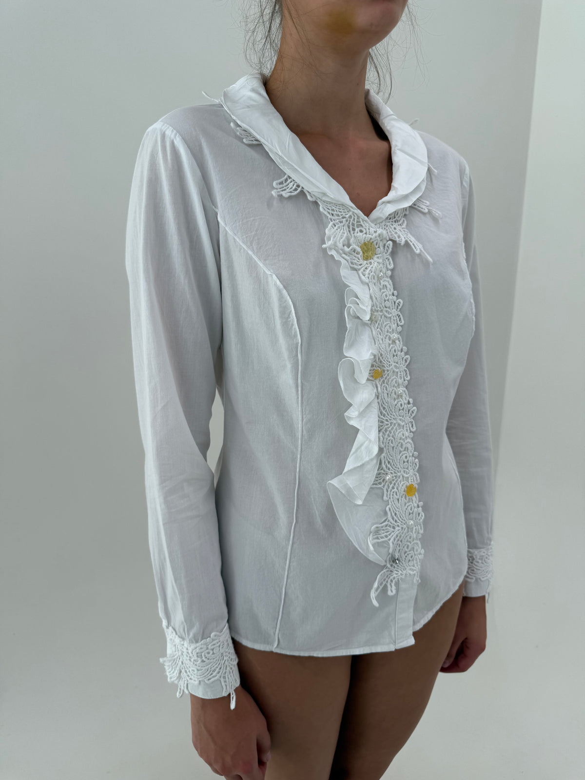 Cămașa de brand luxury vintage Biba cu jabou și guler cu dantelă macrame