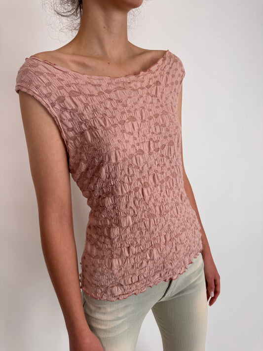 Top vintage powder pink Y2K cu textură smocked