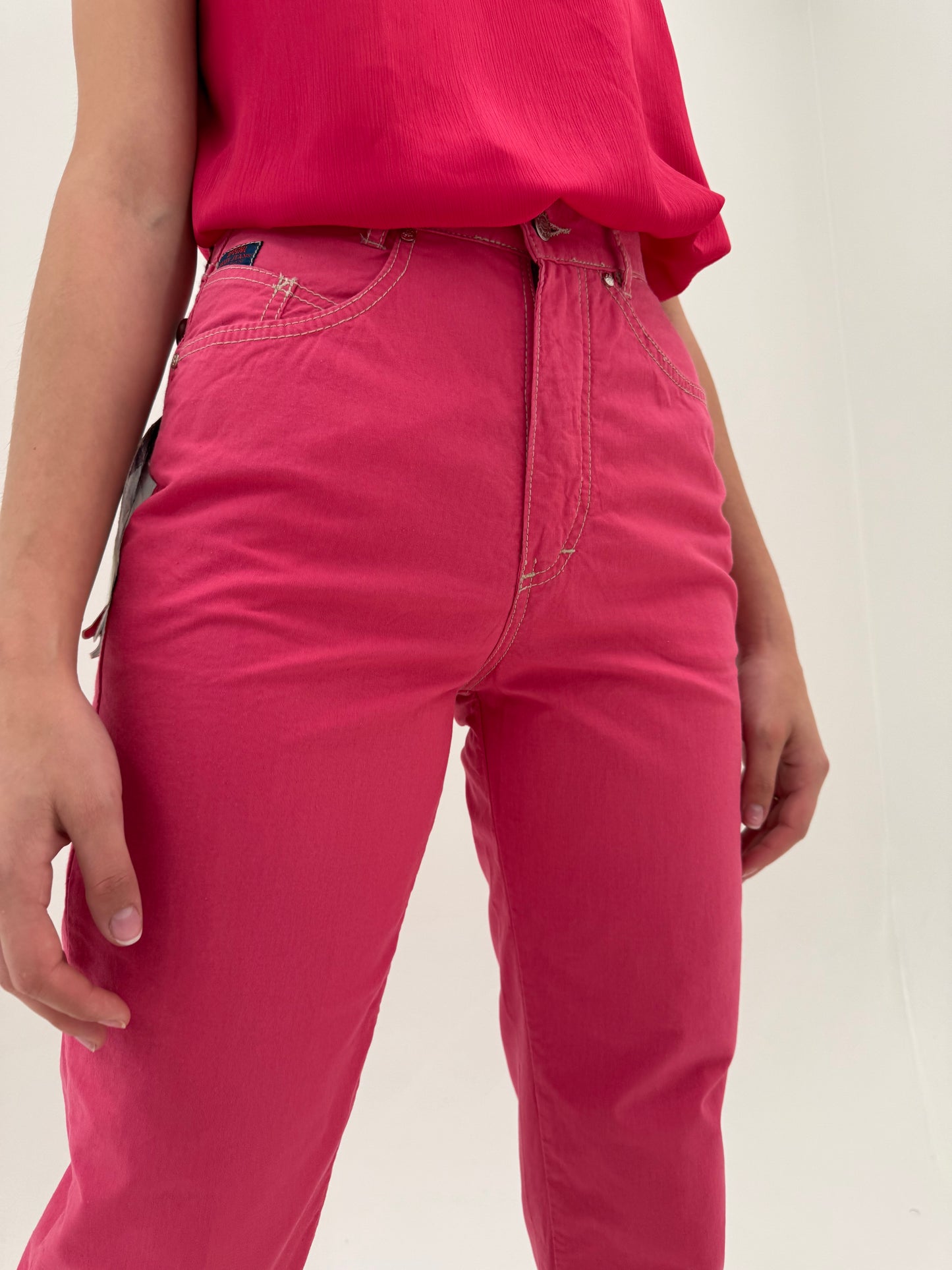 Pantaloni vintage noi din poplin de bumbac fucsia tall