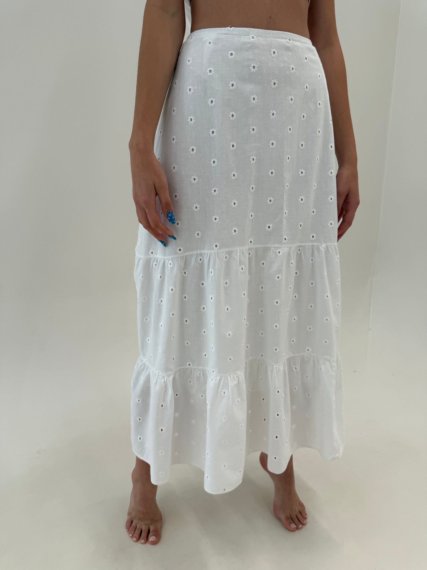 Fustă maxi albă din bumbac fin integral cu broderia anglaise