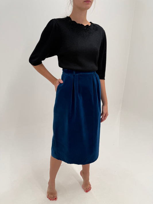 Fustă midi lung din catifea cobalt blue cu pense și buzunare din bumbac și modal