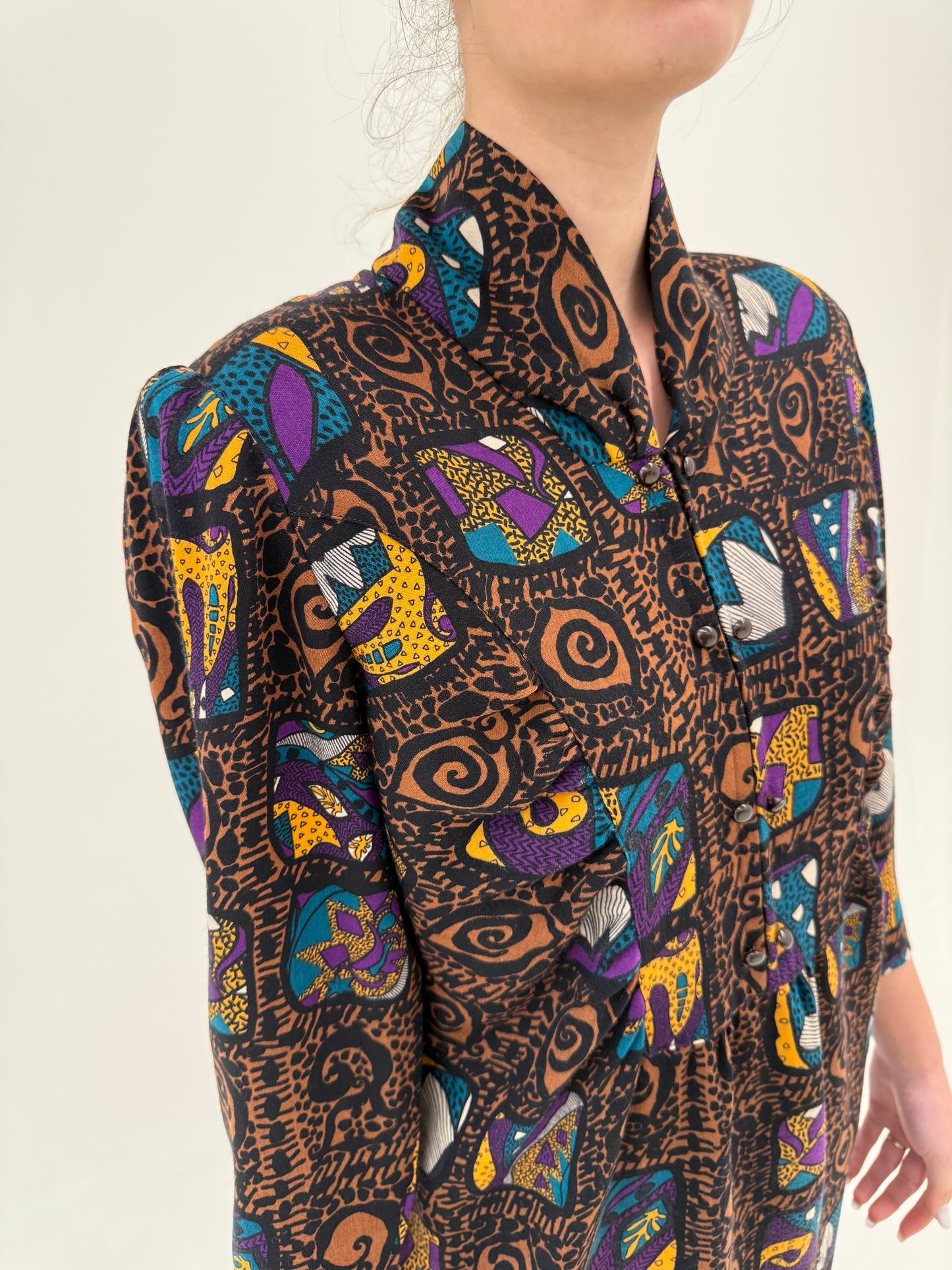 Rochie vintage cambrata cu fronseuri și print din lana extrafina subțire